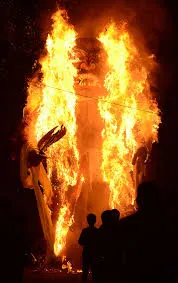 A Narkasur effigy being burnt during the wee hours of Diwali, marking the end of the custom and advance of the festival of Diwali